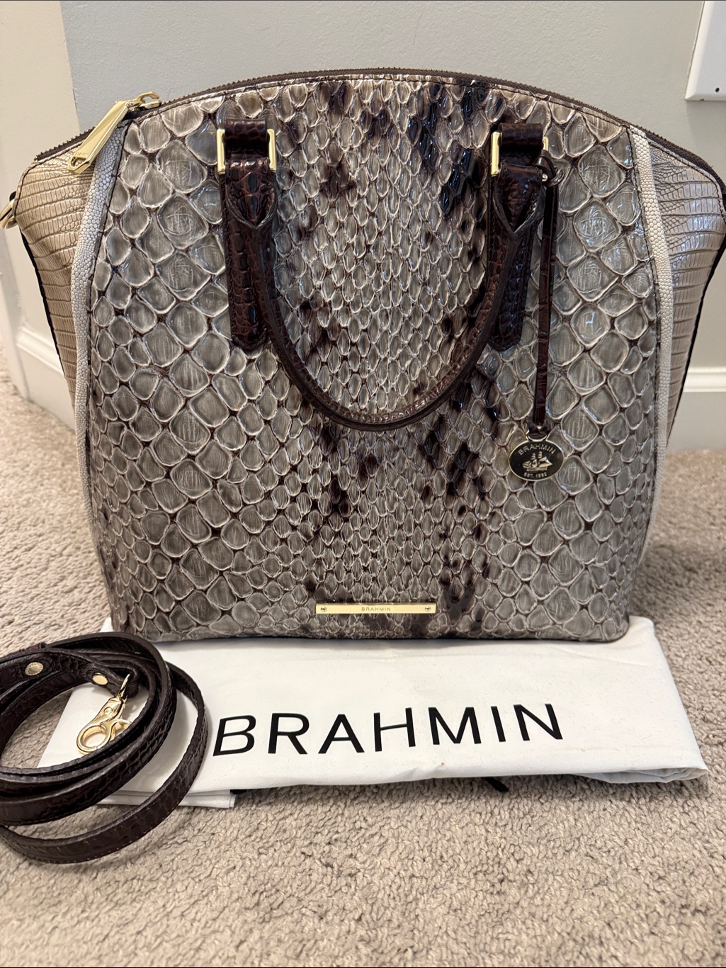 Brahmin Gray Taupe Snake-Embossed Leather Satchel With Brown Trim